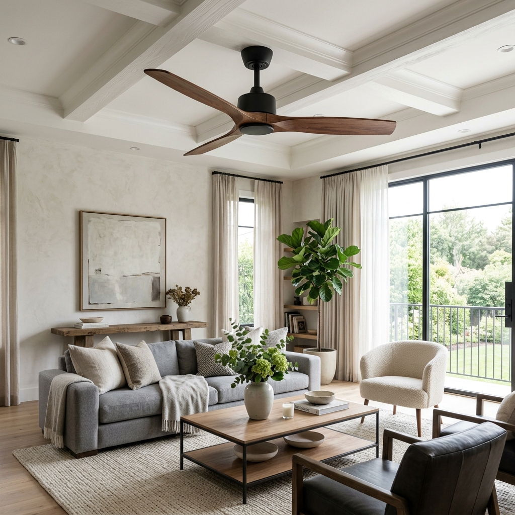 Designer ceiling fan operating smoothly in a modern living room ceiling