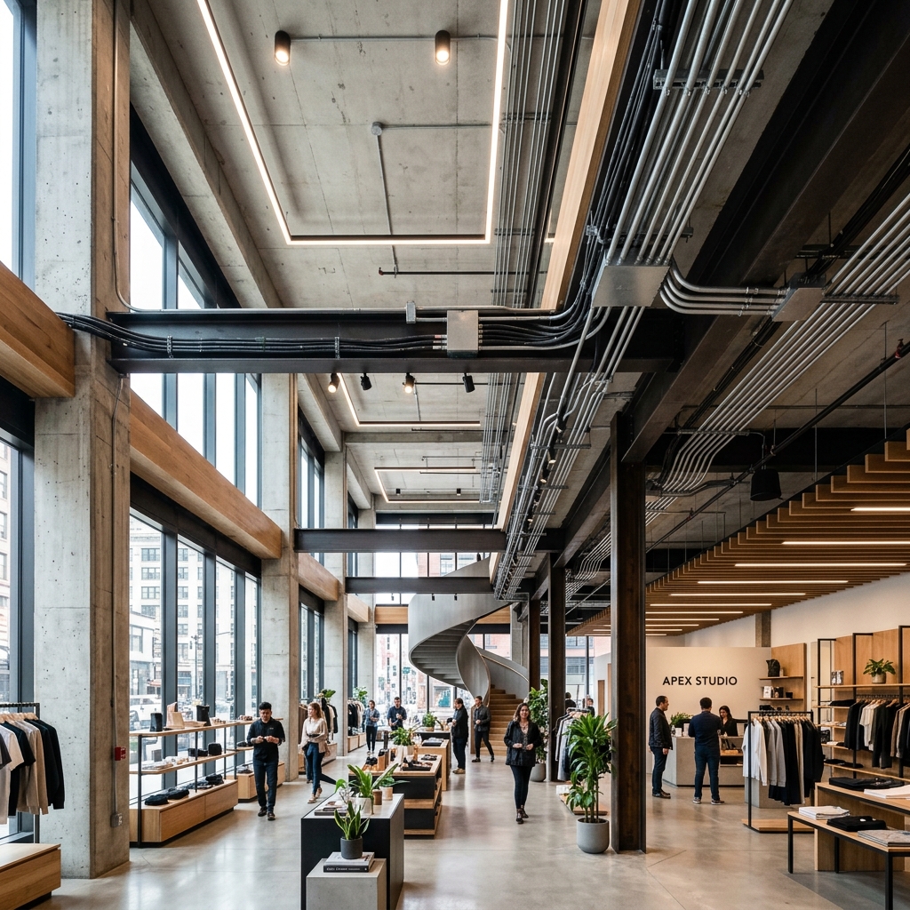 Commercial warehouse space with neat electric conduits along steel framing ceiling