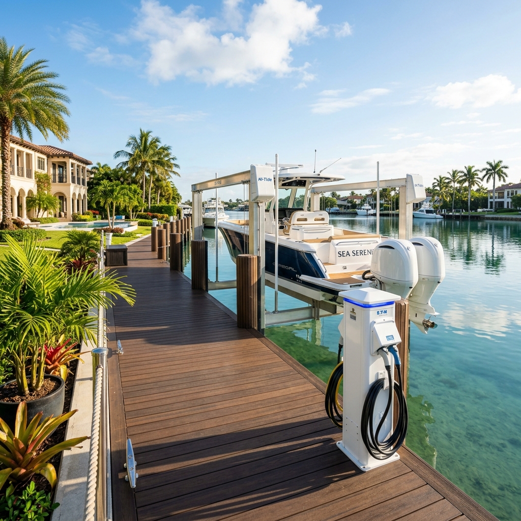 Boat dock with power pedestal and electric lift over water in Brooksville FL