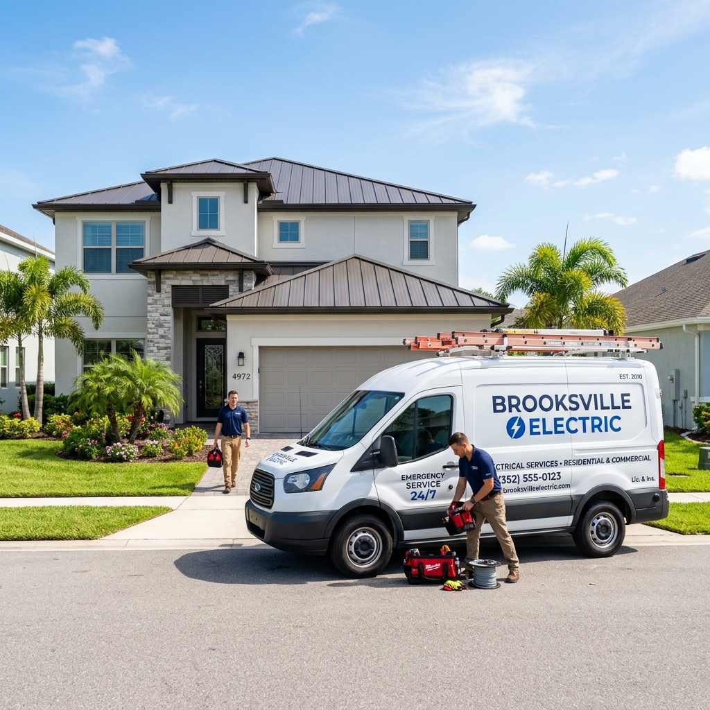 Emergency dispatch electrician van parked on side of street in Brooksville FL