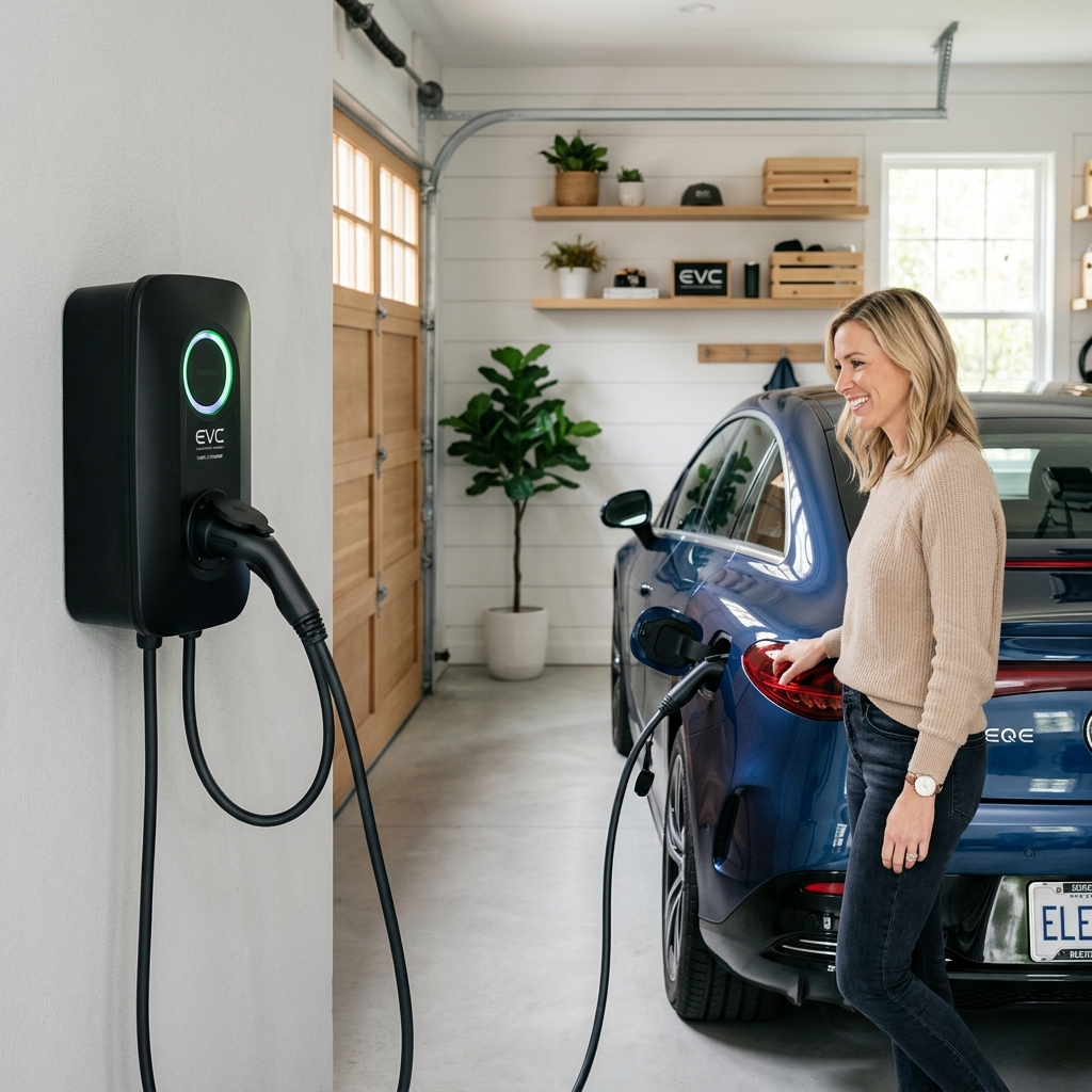 Level 2 electric vehicle charging station mounted on a garage wall next to electric car in Brooksville FL