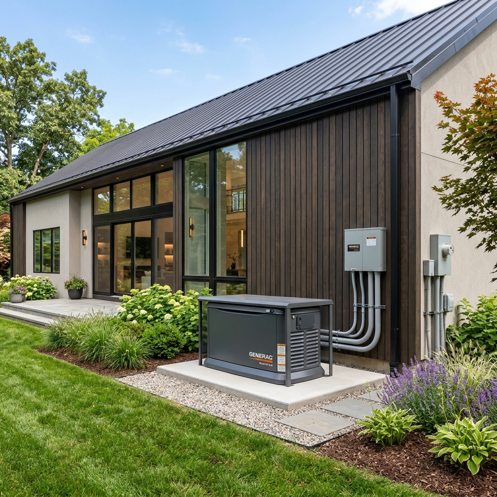 Standby whole-home generator system installed outside on concrete slab in Brooksville FL