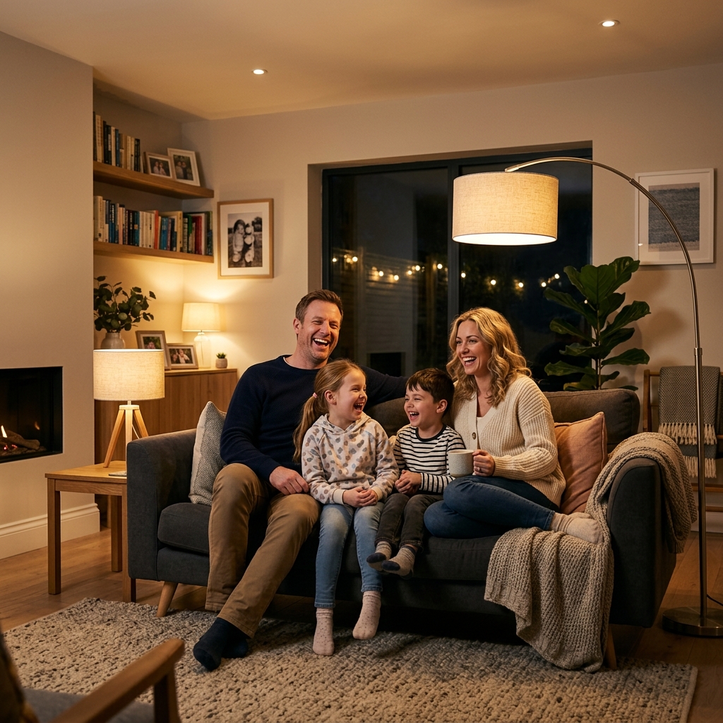 Happy family enjoying a cozy and warm safely lit home interior in Brooksville FL