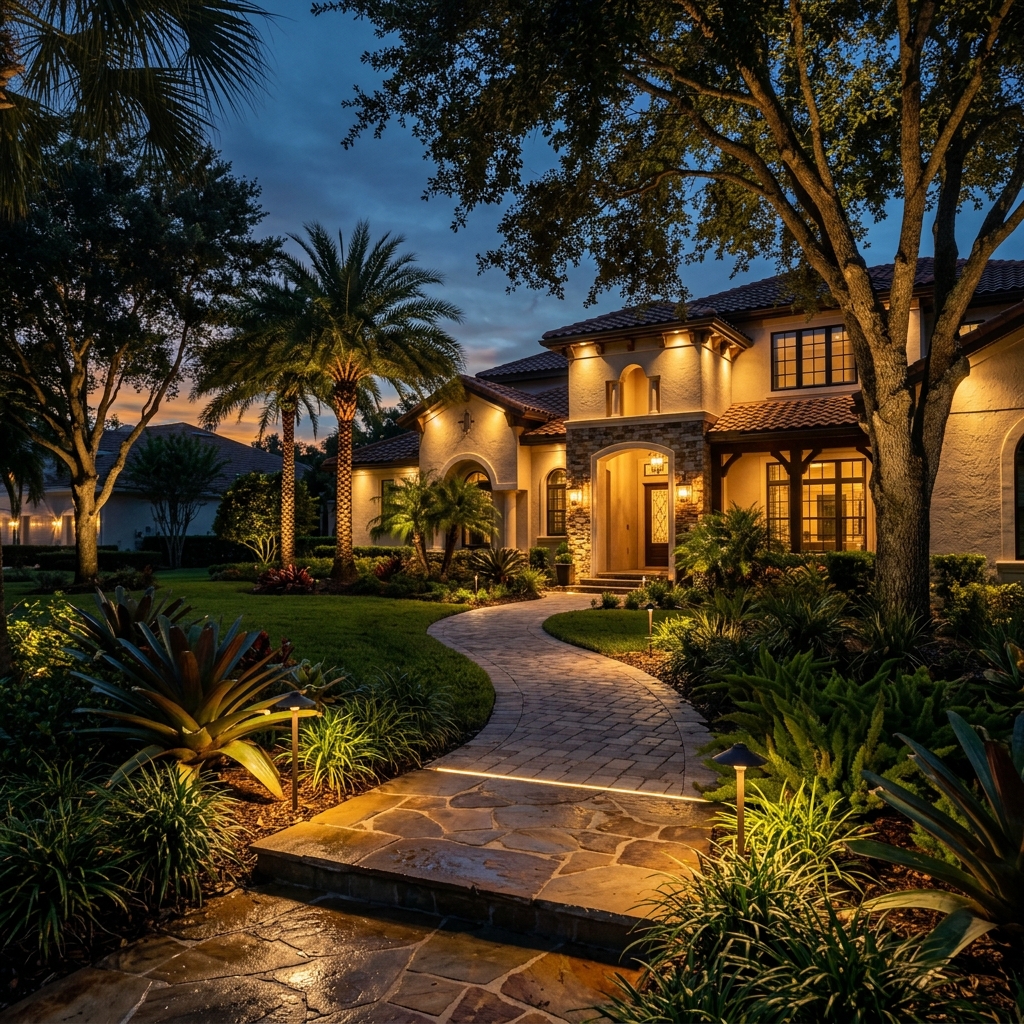 Stunning low voltage outdoor landscape lighting illuminating trees and walkways in Brooksville FL