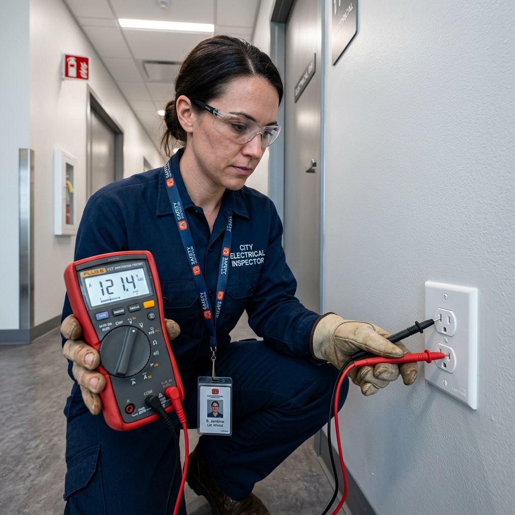 Licensed inspector checking electrical outlets with tester probe and multimeter tool in Brooksville FL