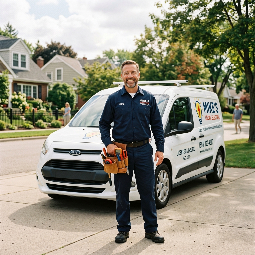 Friendly local electrician holding tools standing near service van in Brooksville FL